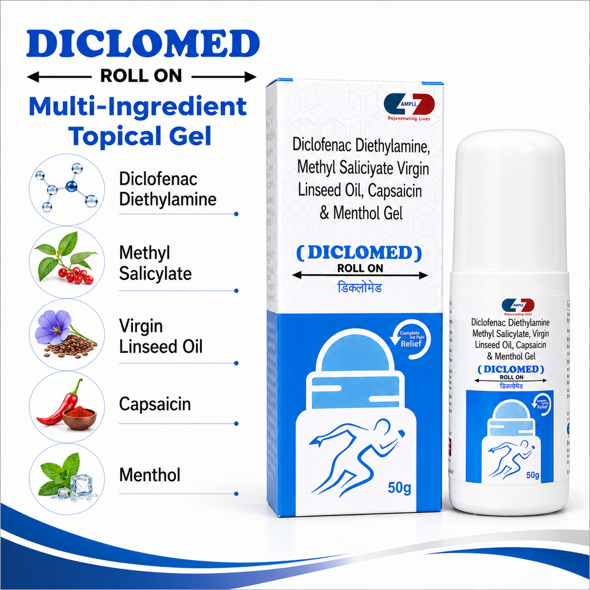 Diclomed - Roll ON Pain Relief | Fast-Acting Relief for Muscle, Joint, Neck & Back Pain | Non-Greasy | Easy Roll-On Applicator | Fast Absorbing | Travel-Friendly | Non-Sticky Formula | 50 gms