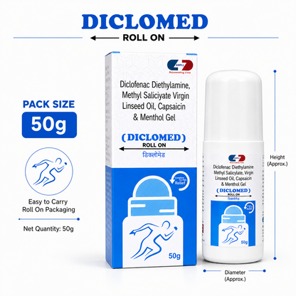 Diclomed - Roll ON Pain Relief | Fast-Acting Relief for Muscle, Joint, Neck & Back Pain | Non-Greasy | Easy Roll-On Applicator | Fast Absorbing | Travel-Friendly | Non-Sticky Formula | 50 gms