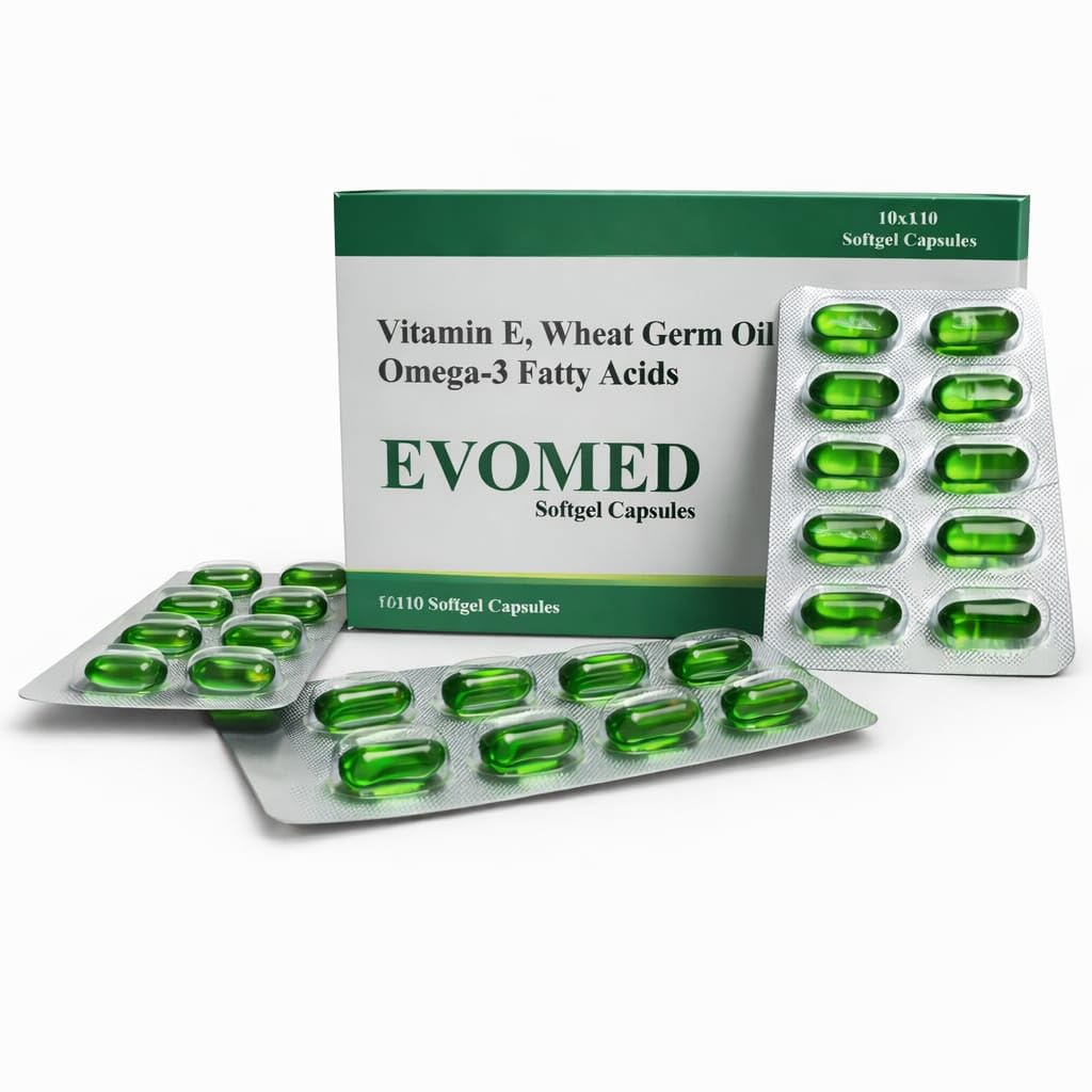 Evomed - Natural Vitamin E Softgel Capsules with Wheat Germ Oil & Omega-3 Supplement
