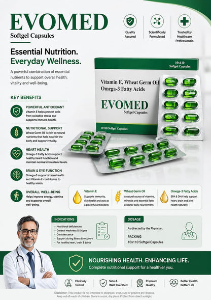 Evomed - Natural Vitamin E Softgel Capsules with Wheat Germ Oil & Omega-3 Supplement