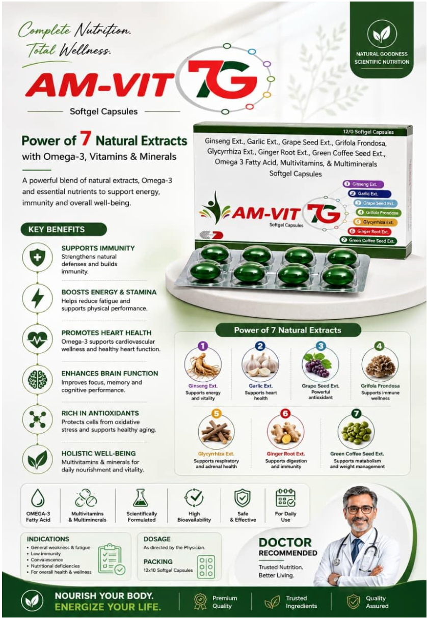 AM-VIT 7G - Softgel Capsules - Ginseng, Garlic, Grape Seed, Grifola Frondosa, Glycyrrhiza, Ginger Root, Omega-3
